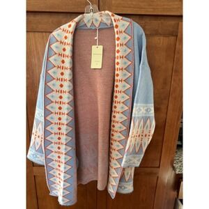 NWT ebossy Southwestern Aztec Blue & Orange Geometric Knit Cardigan - Small